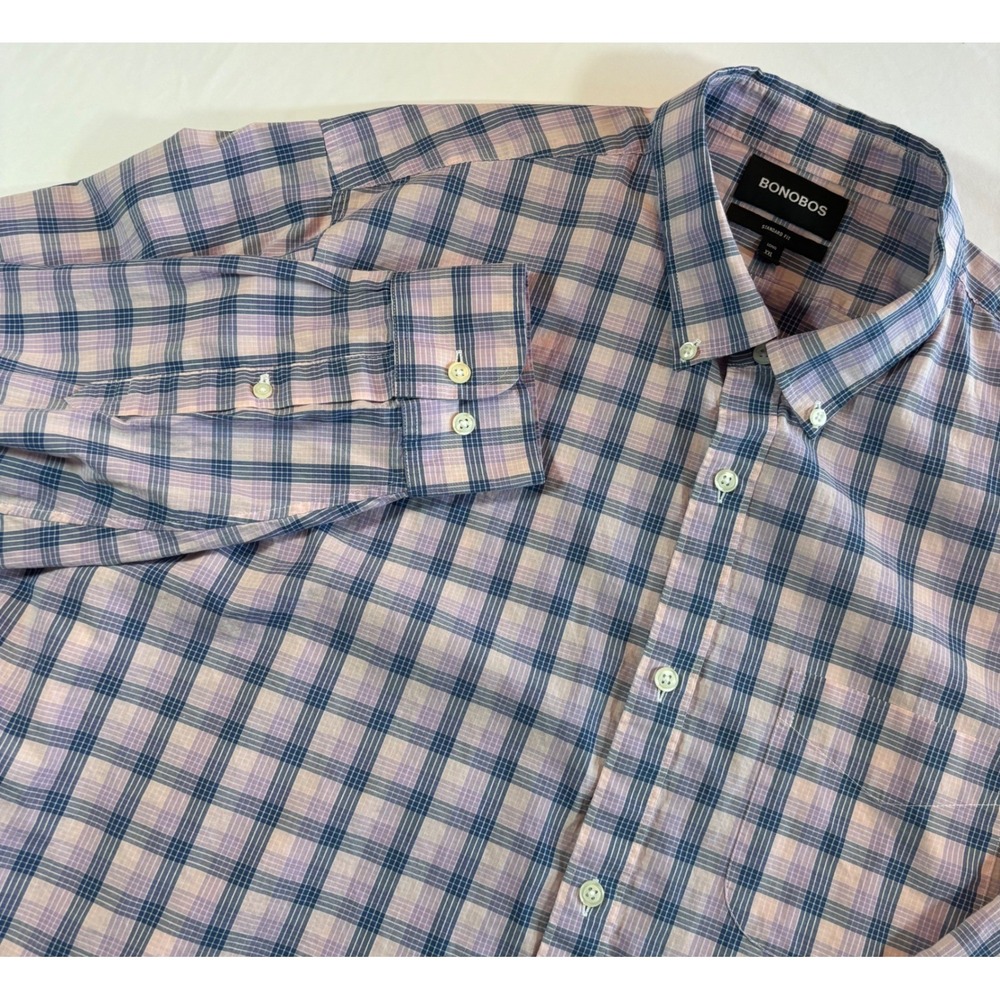 Bonobos Button Down Shirt XXL Long Standard Fit Plaid Purple Blue Long Sleeve